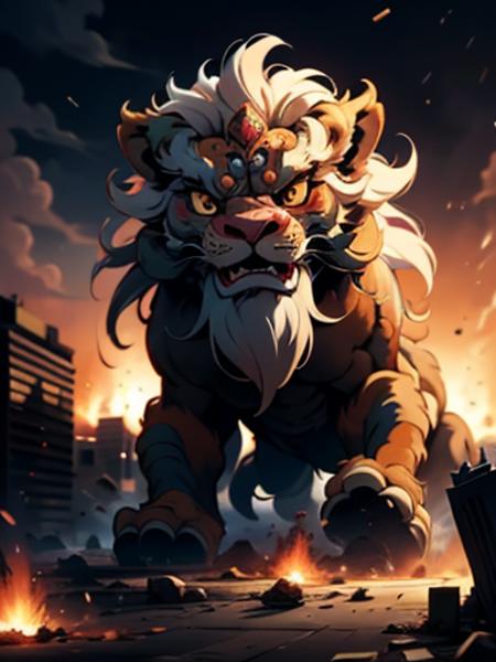 18972-2900035468-lion dance,rage,(((rotating view))),hair flow with wind,dynamic pose, battle pose,destroy the city, (very slowly),explosion, smo.png